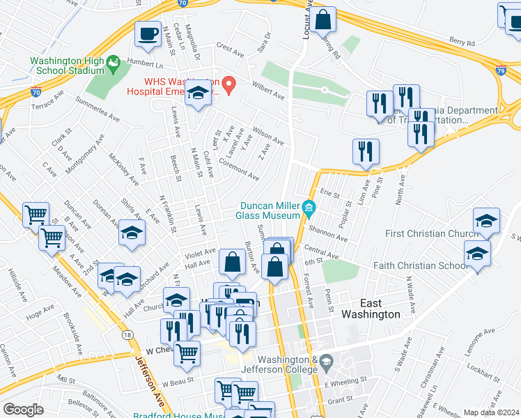map of restaurants, bars, coffee shops, grocery stores, and more near 203 East Hallam Avenue in Washington