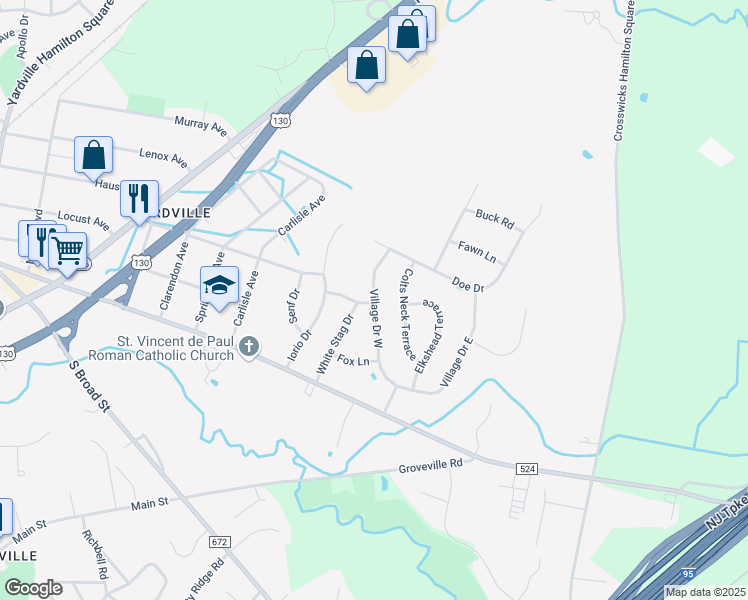 map of restaurants, bars, coffee shops, grocery stores, and more near 26 Village Road West in Hamilton Township