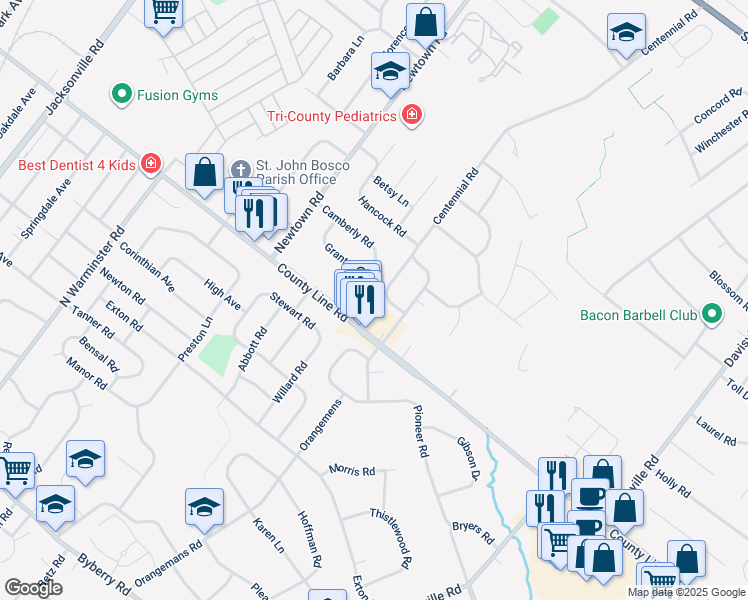 map of restaurants, bars, coffee shops, grocery stores, and more near 464 Grant Avenue in Warminster
