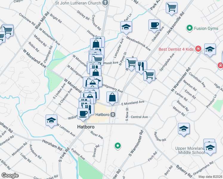 map of restaurants, bars, coffee shops, grocery stores, and more near 53 East Montgomery Avenue in Hatboro