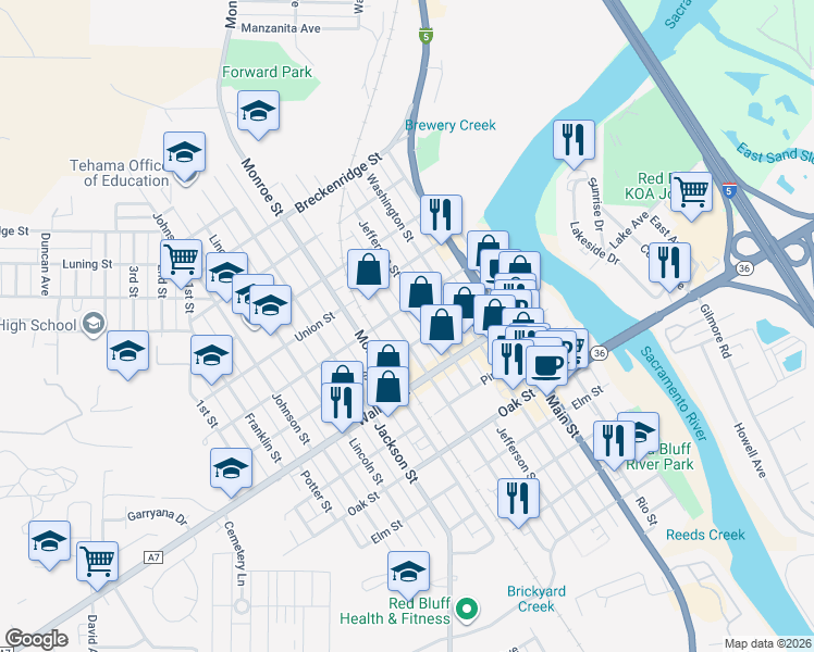 map of restaurants, bars, coffee shops, grocery stores, and more near 500-548 Cedar Street in Red Bluff