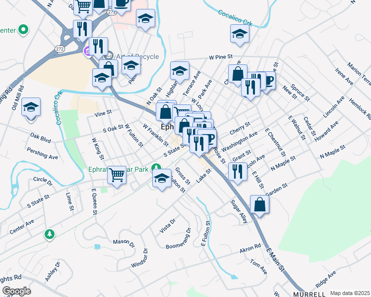 map of restaurants, bars, coffee shops, grocery stores, and more near 1 West Main Street in Ephrata