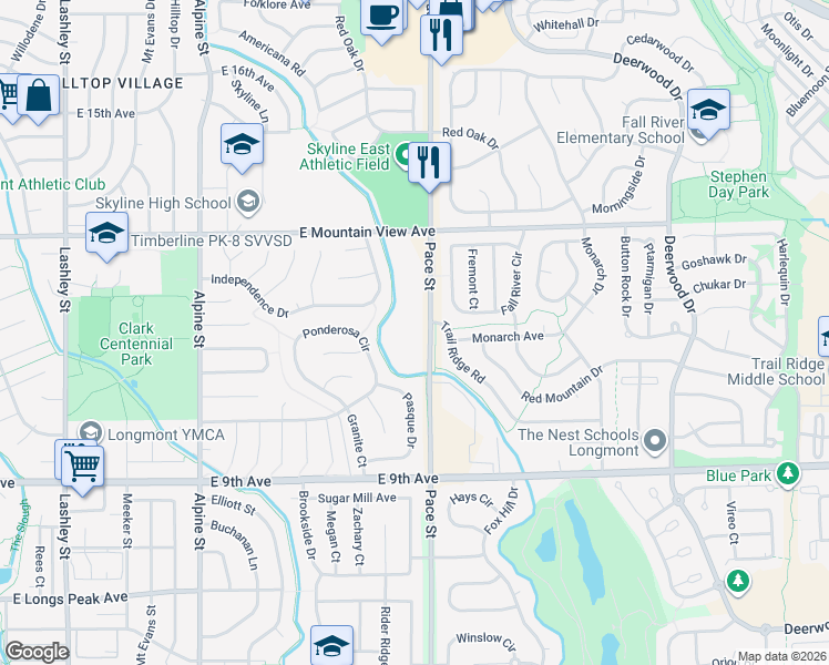 map of restaurants, bars, coffee shops, grocery stores, and more near 1205 Pace Street in Longmont