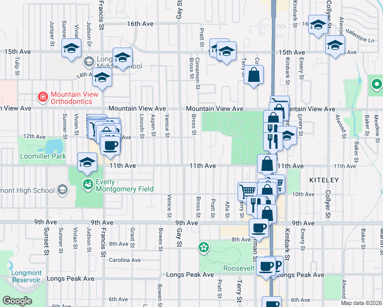 map of restaurants, bars, coffee shops, grocery stores, and more near 1142 Gay Street in Longmont