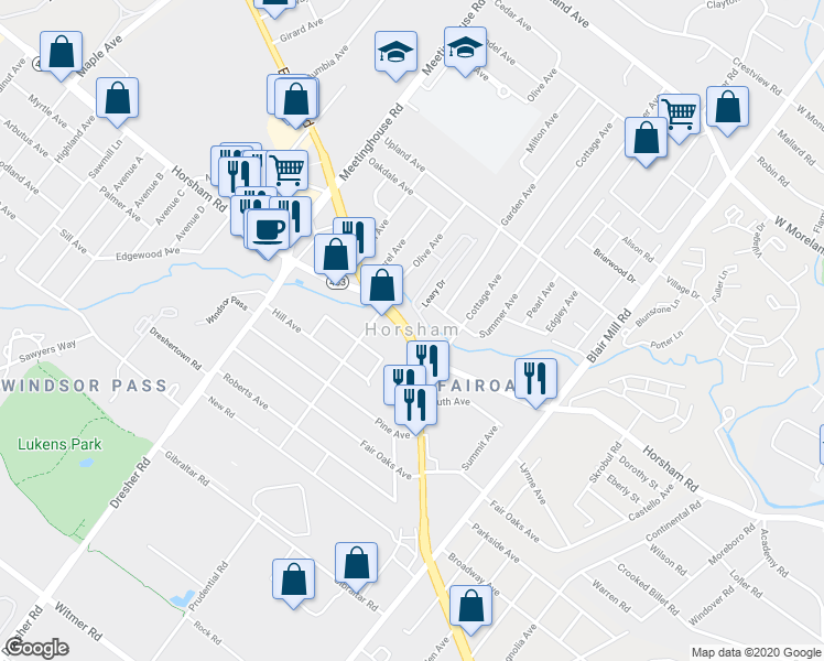 map of restaurants, bars, coffee shops, grocery stores, and more near 370 Easton Road in Horsham
