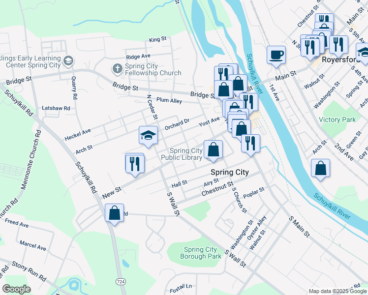 map of restaurants, bars, coffee shops, grocery stores, and more near 315 Vincent Street in Spring City