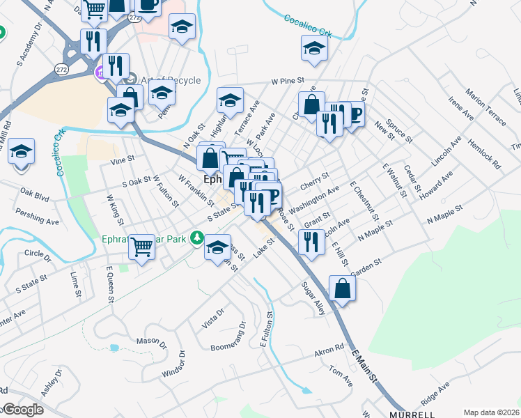 map of restaurants, bars, coffee shops, grocery stores, and more near 27 North State Street in Ephrata
