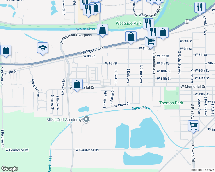 map of restaurants, bars, coffee shops, grocery stores, and more near 1805 South Clark Street in Muncie