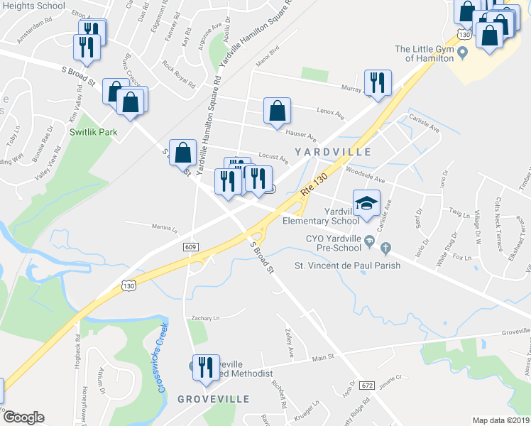 map of restaurants, bars, coffee shops, grocery stores, and more near 217 Yardville Allentown Road in Trenton