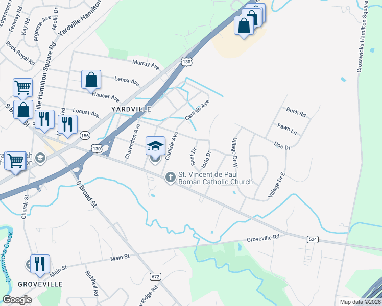 map of restaurants, bars, coffee shops, grocery stores, and more near 605 Woodside Avenue in Hamilton Township