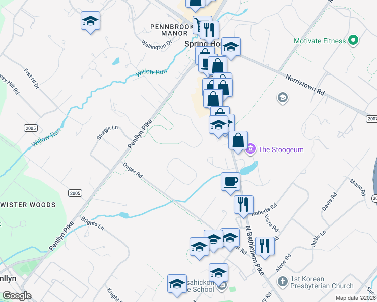 map of restaurants, bars, coffee shops, grocery stores, and more near 819 Foxfield Road in Spring House