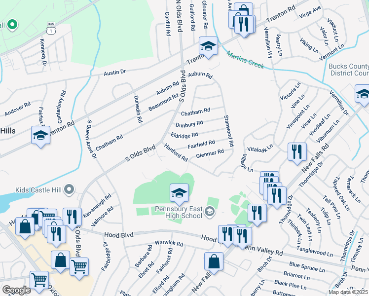 map of restaurants, bars, coffee shops, grocery stores, and more near 809 Fairfield Road in Fairless Hills