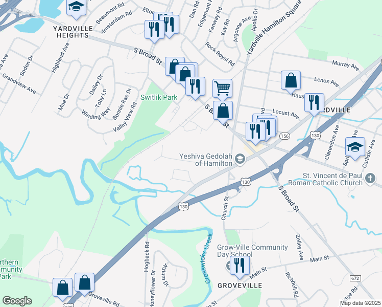 map of restaurants, bars, coffee shops, grocery stores, and more near 92 Martins Lane in Trenton