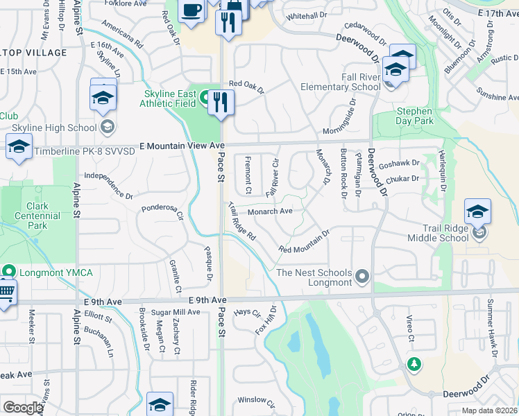 map of restaurants, bars, coffee shops, grocery stores, and more near 1221 Fall River Circle in Longmont