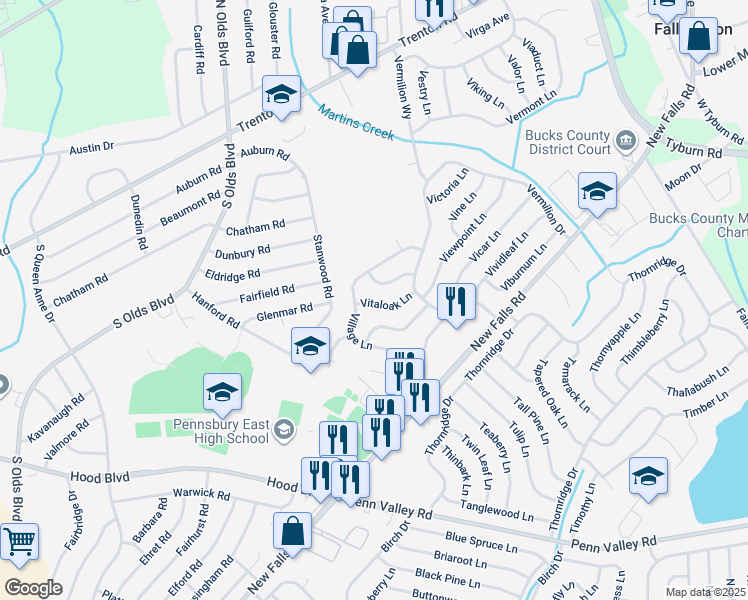 map of restaurants, bars, coffee shops, grocery stores, and more near 29 Vitaloak Lane in Levittown