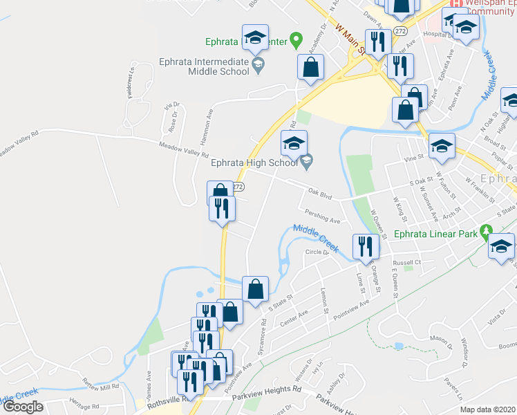 map of restaurants, bars, coffee shops, grocery stores, and more near 125 Old Mill Road in Ephrata