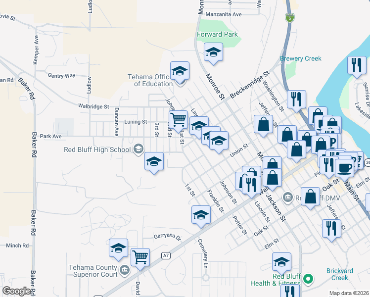 map of restaurants, bars, coffee shops, grocery stores, and more near 1266 Franklin Street in Red Bluff