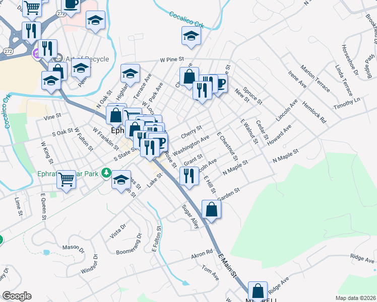map of restaurants, bars, coffee shops, grocery stores, and more near 146 Washington Avenue in Ephrata