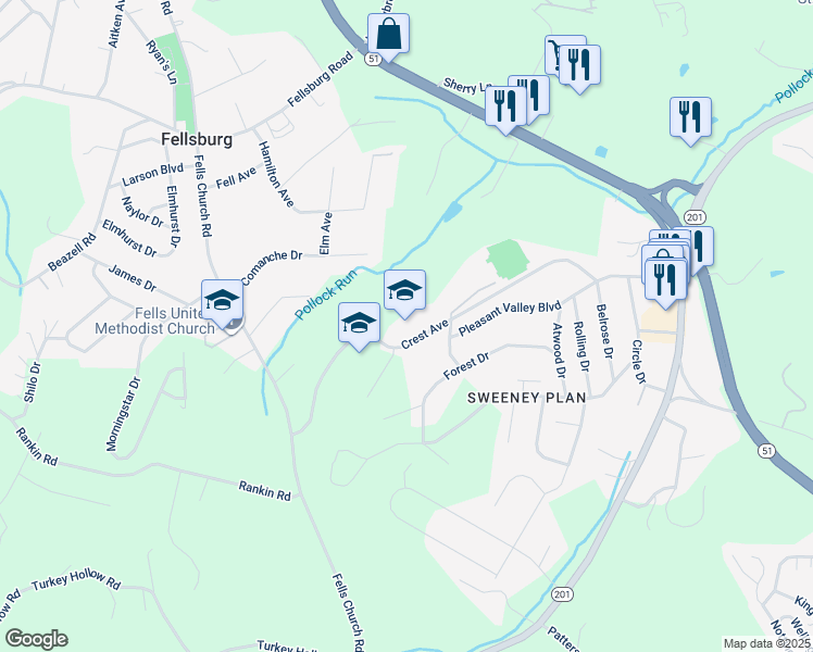 map of restaurants, bars, coffee shops, grocery stores, and more near 300 Crest Avenue in Belle Vernon