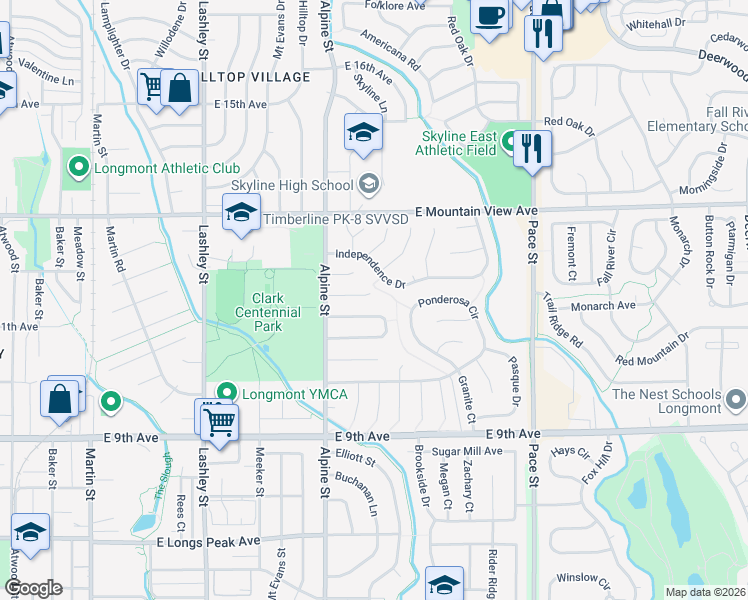 map of restaurants, bars, coffee shops, grocery stores, and more near 611 Independence Drive in Longmont