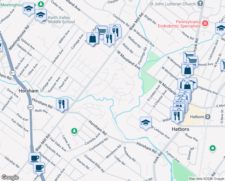 map of restaurants, bars, coffee shops, grocery stores, and more near 3855 Blair Mill Rd in Horsham