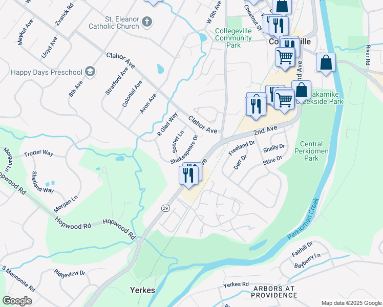 map of restaurants, bars, coffee shops, grocery stores, and more near 486 Shakespeare Drive in Collegeville