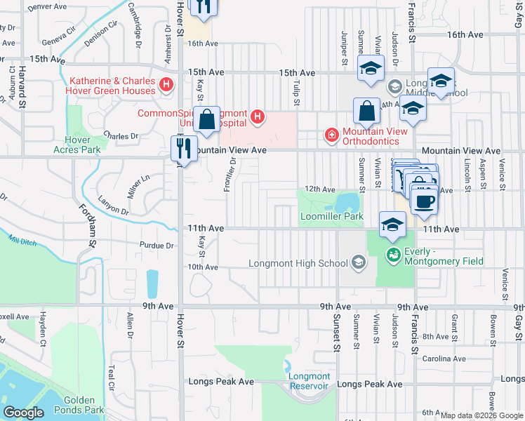 map of restaurants, bars, coffee shops, grocery stores, and more near 1136 Spencer Street in Longmont