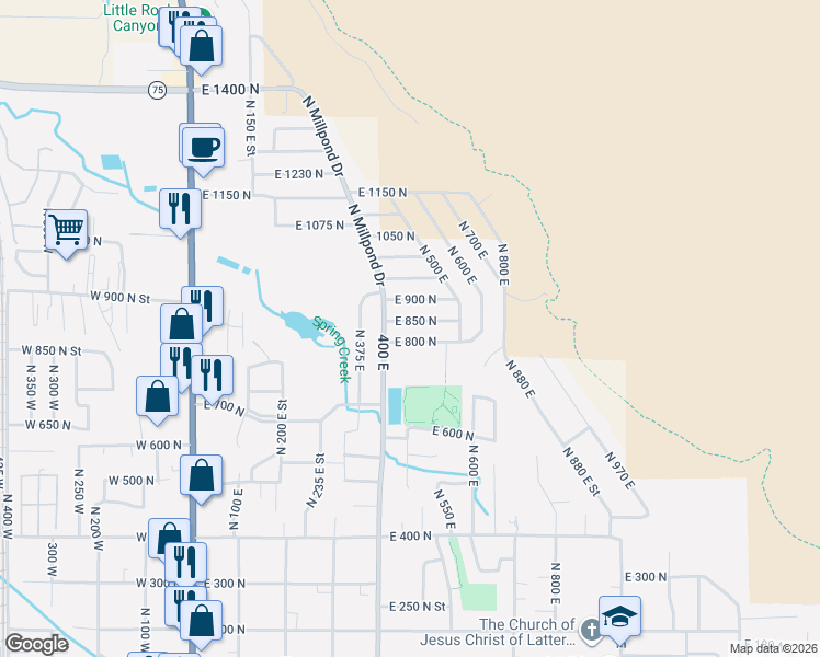 map of restaurants, bars, coffee shops, grocery stores, and more near 455 East 850 North in Springville