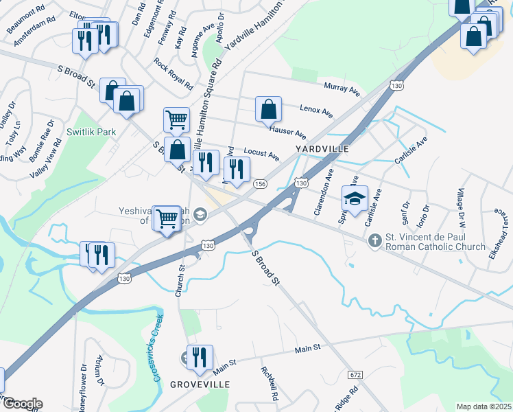 map of restaurants, bars, coffee shops, grocery stores, and more near 200 Yardville Allentown Road in Hamilton Township