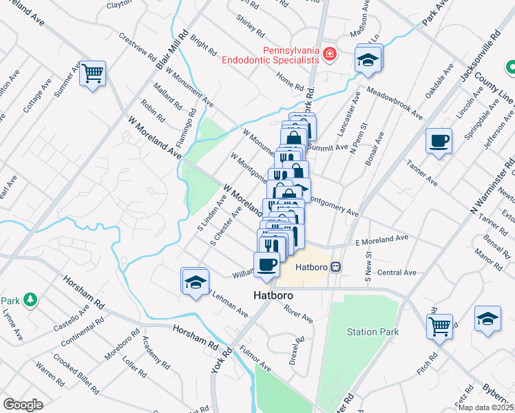 map of restaurants, bars, coffee shops, grocery stores, and more near 20 North Chester Avenue in Hatboro