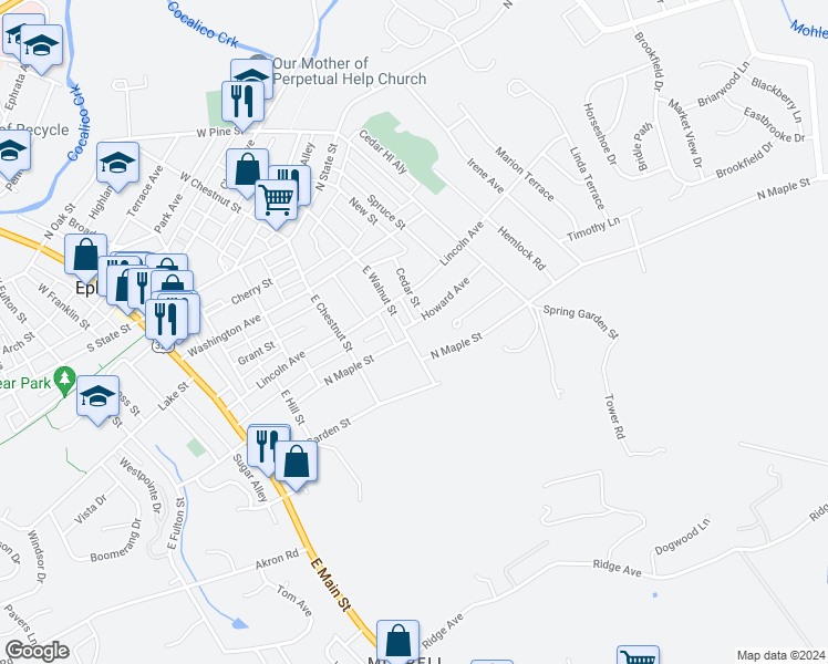 map of restaurants, bars, coffee shops, grocery stores, and more near 223 Cedar Street in Ephrata