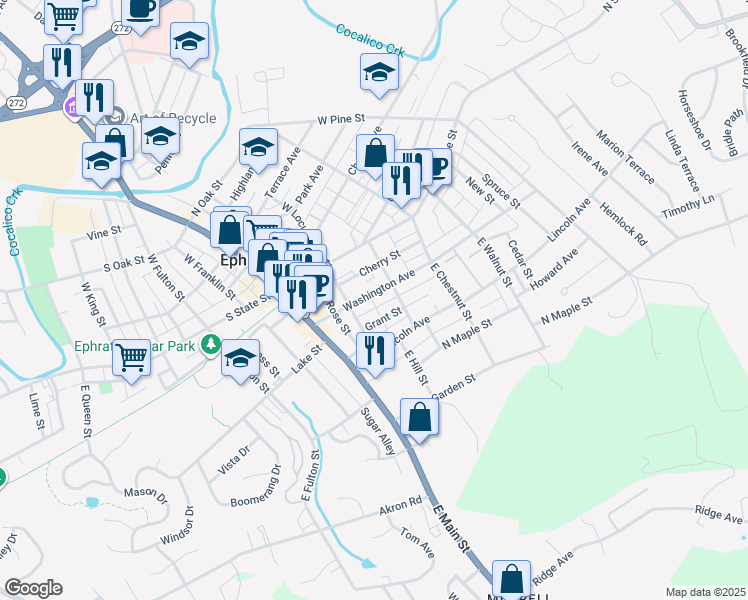 map of restaurants, bars, coffee shops, grocery stores, and more near 146 Washington Avenue in Ephrata