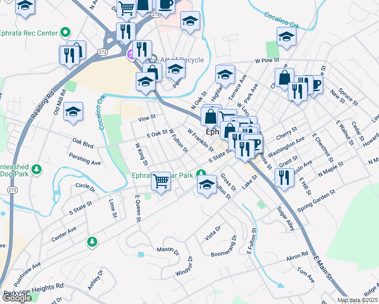 map of restaurants, bars, coffee shops, grocery stores, and more near 120 West Fulton Street in Ephrata