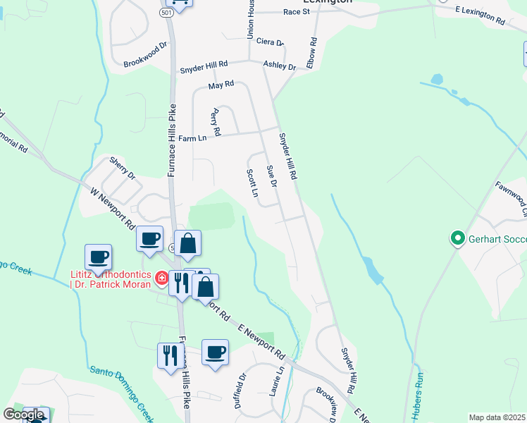 map of restaurants, bars, coffee shops, grocery stores, and more near 784 Scott Lane in Lititz