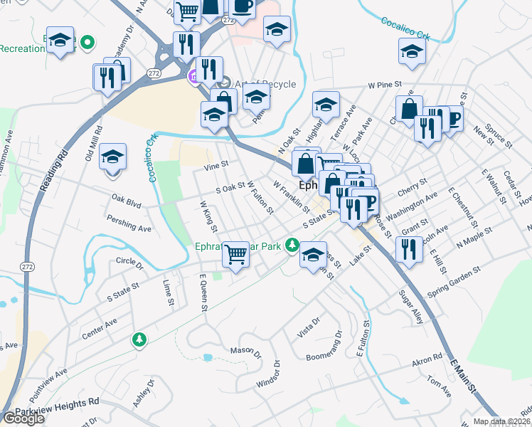 map of restaurants, bars, coffee shops, grocery stores, and more near 120 West Fulton Street in Ephrata