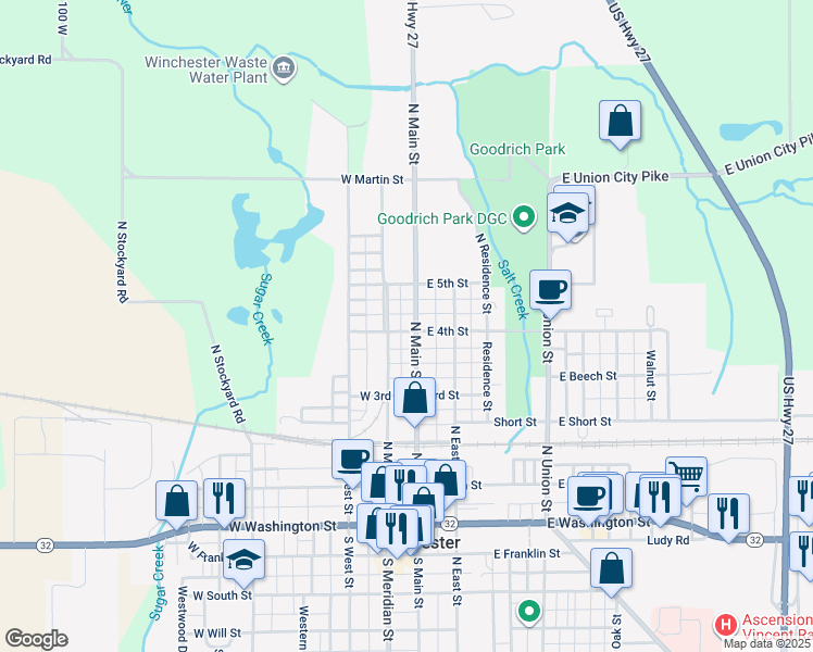 map of restaurants, bars, coffee shops, grocery stores, and more near 616 North Main Street in Winchester