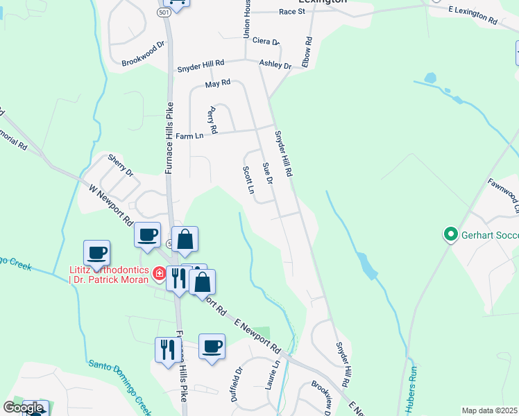 map of restaurants, bars, coffee shops, grocery stores, and more near 784 Scott Lane in Lititz