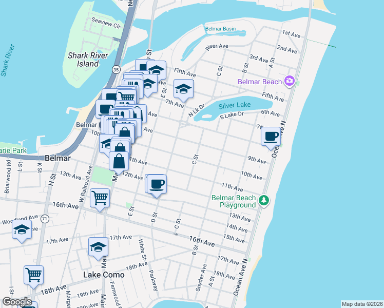 map of restaurants, bars, coffee shops, grocery stores, and more near 411 9th Avenue in Belmar