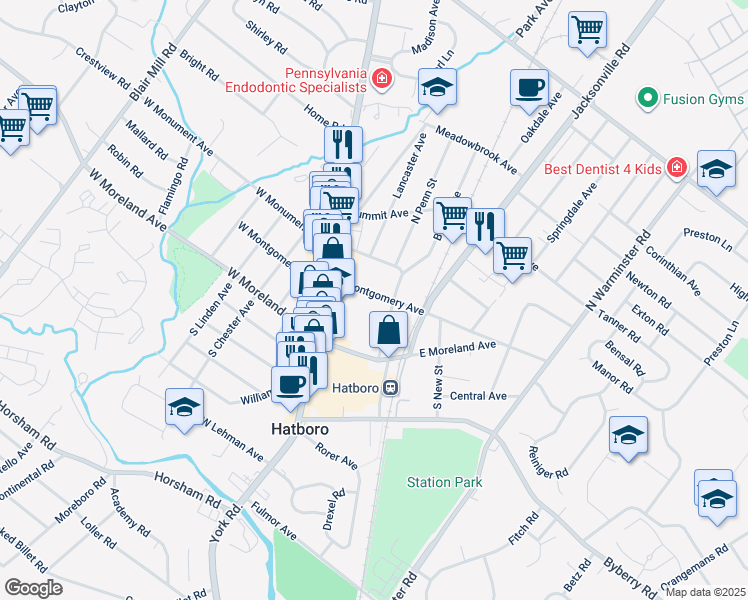 map of restaurants, bars, coffee shops, grocery stores, and more near 58 East Montgomery Avenue in Hatboro