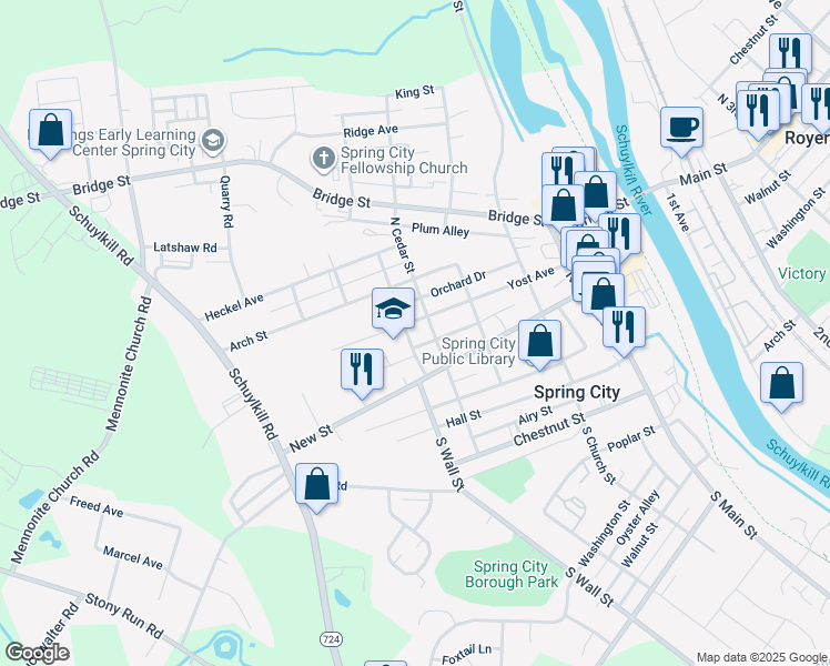 map of restaurants, bars, coffee shops, grocery stores, and more near 406 Yost Avenue in Spring City