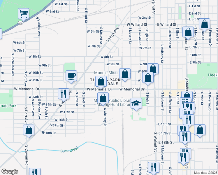 map of restaurants, bars, coffee shops, grocery stores, and more near in Muncie