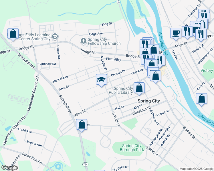 map of restaurants, bars, coffee shops, grocery stores, and more near 406 Yost Avenue in Spring City