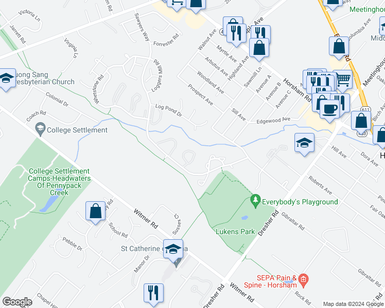 map of restaurants, bars, coffee shops, grocery stores, and more near 446 Brown Briar Circle in Horsham