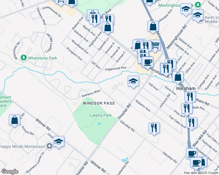 map of restaurants, bars, coffee shops, grocery stores, and more near 310 Sawmill Lane in Horsham