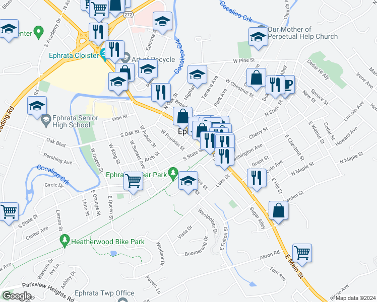 map of restaurants, bars, coffee shops, grocery stores, and more near 9 West Franklin Street in Ephrata
