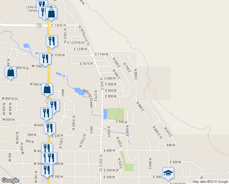 map of restaurants, bars, coffee shops, grocery stores, and more near 456 East 850 North in Springville