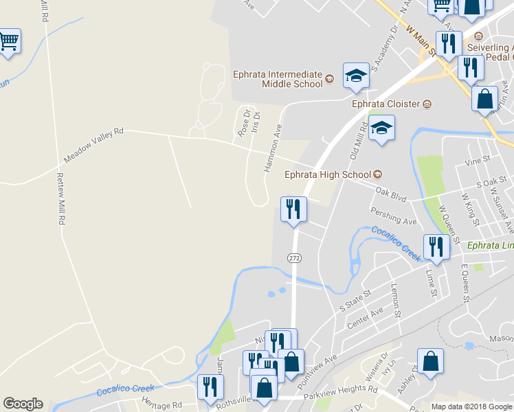 map of restaurants, bars, coffee shops, grocery stores, and more near 1188 Hammon Avenue in Ephrata