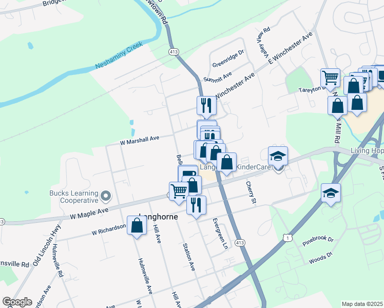map of restaurants, bars, coffee shops, grocery stores, and more near 139 East Watson Avenue in Langhorne