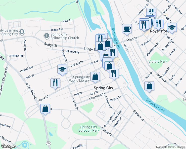 map of restaurants, bars, coffee shops, grocery stores, and more near 222 New Street in Spring City
