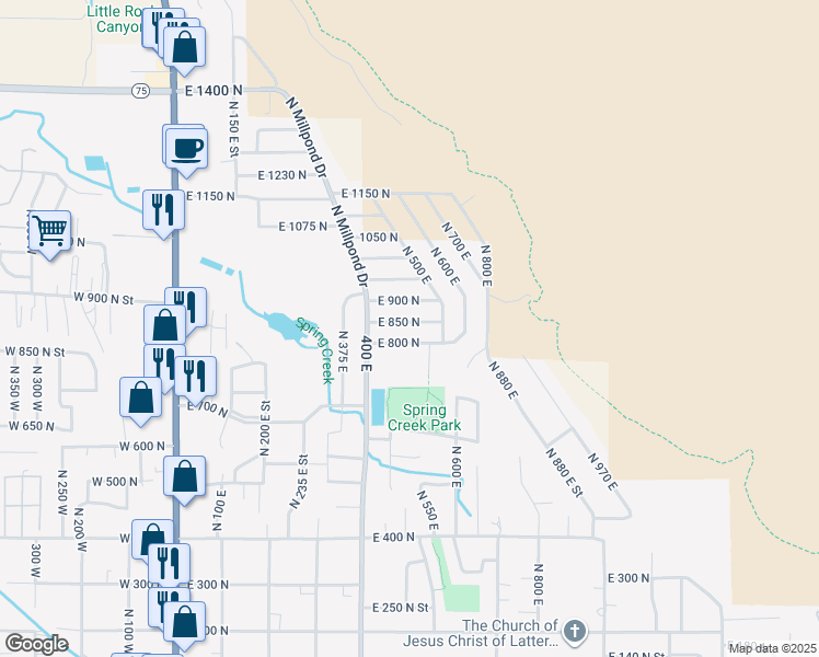 map of restaurants, bars, coffee shops, grocery stores, and more near 456 East 850 North in Springville